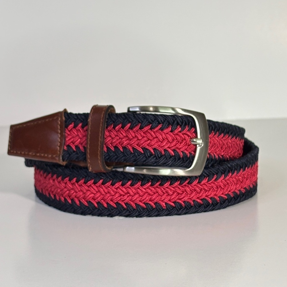Jos. A. Bank Braided Belt | Navy & Red Woven Leather Trim | Size 38